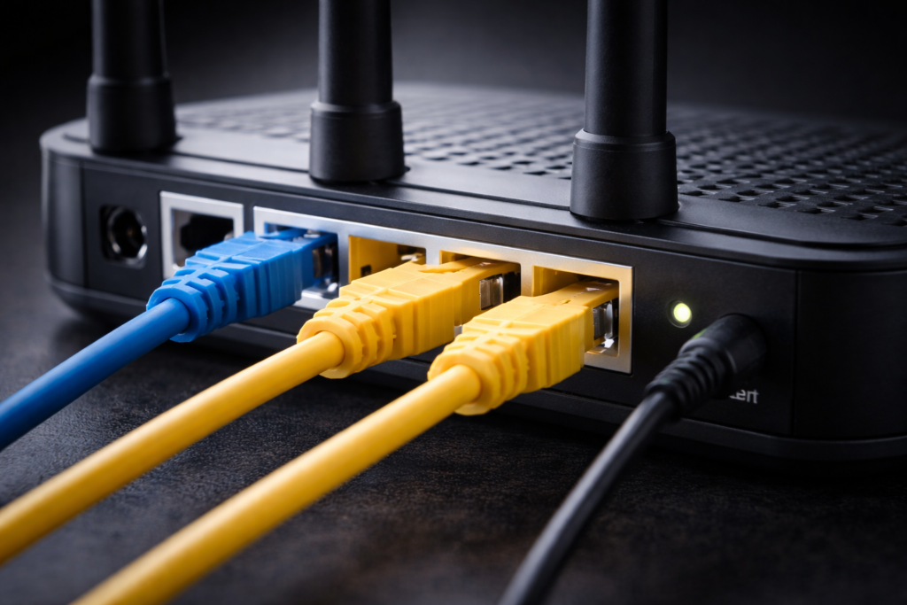 Router Blinking Red Light? Here's How to Fix It Fast 2026 ethernet and power cables connected to router showing connection setup