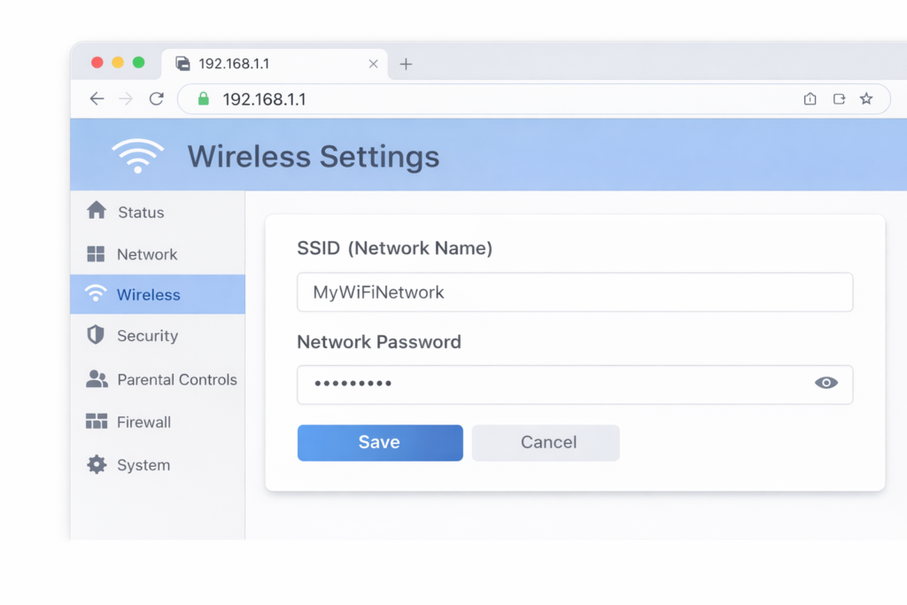 Router admin panel wireless settings showing WiFi name and password configuration