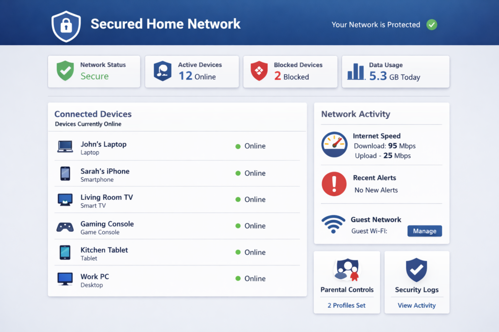 Router admin panel at 192.168.1.1 showing home network devices and security settings